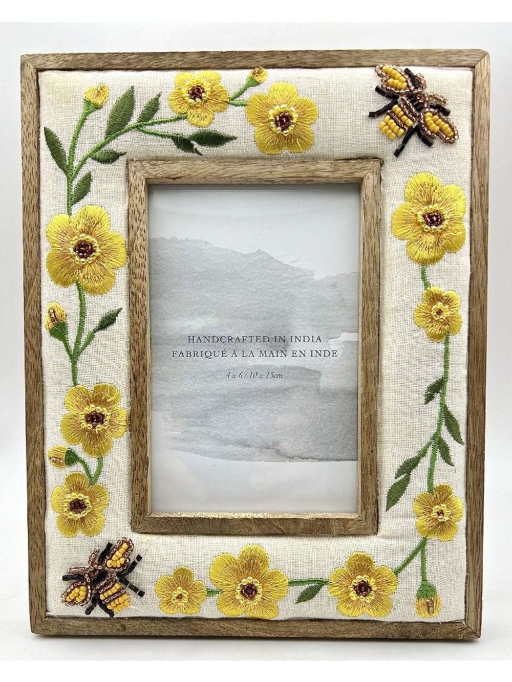 New Handcrafted Wooden Picture Frame Yellow Floral & Bee Embroidery Fits 4x 6